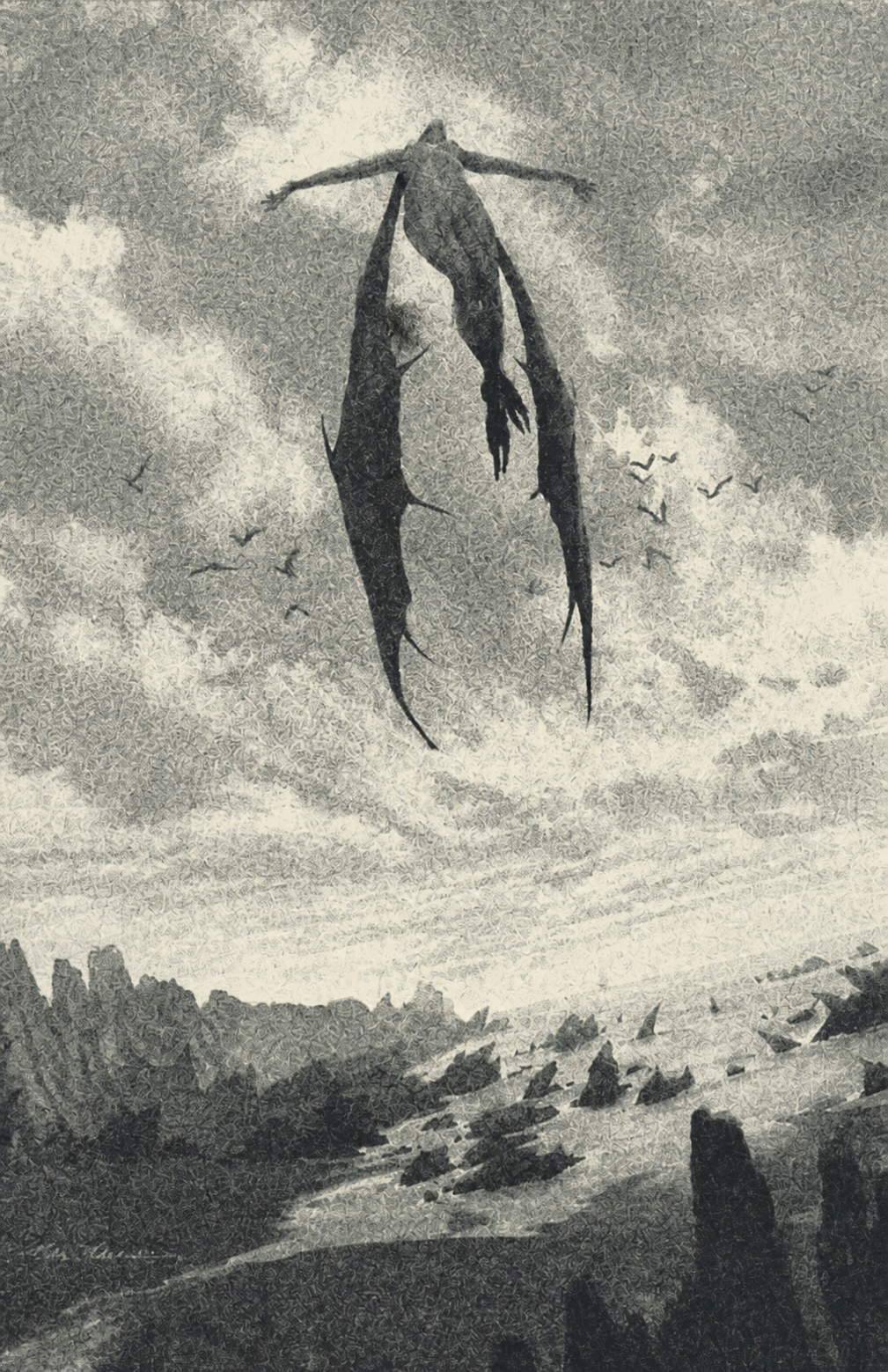 A winged figure suspended above a rocky landscape